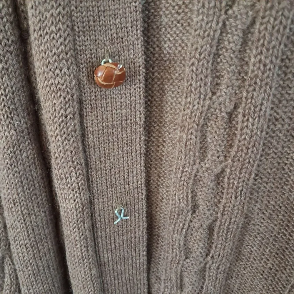 Vintage Mark Shale 100% Wool Brown Cableknit Cardigan Vest Sweater Brown Mens L